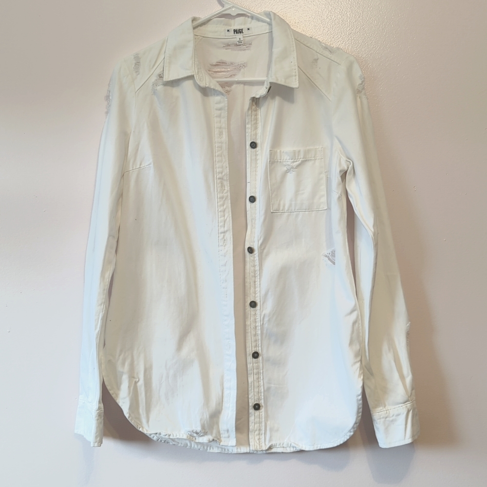 3/25$ Paige Jeans White Distressed Button Up Shacket 100% Cotton Size Small